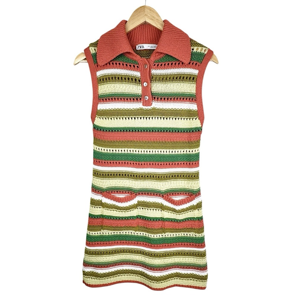 Zara Crochet Knit Striped Dress S Colorful Ribbed 60s 70s Mod Preppy Boho Beachy